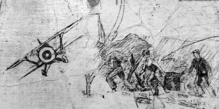 Escenas de guerra debuxadas polos prisioneiros nas paredes do Mosteiro de Oia