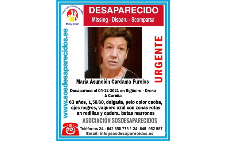 María Asunción Cardama Furelos, mujer de 65 años desaparecida en Sigüeiro, Oroso (A Coruña) | SOS DESAPARECIDOS