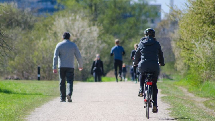 Imagen de archivo de personas caminando y en bici en un parque