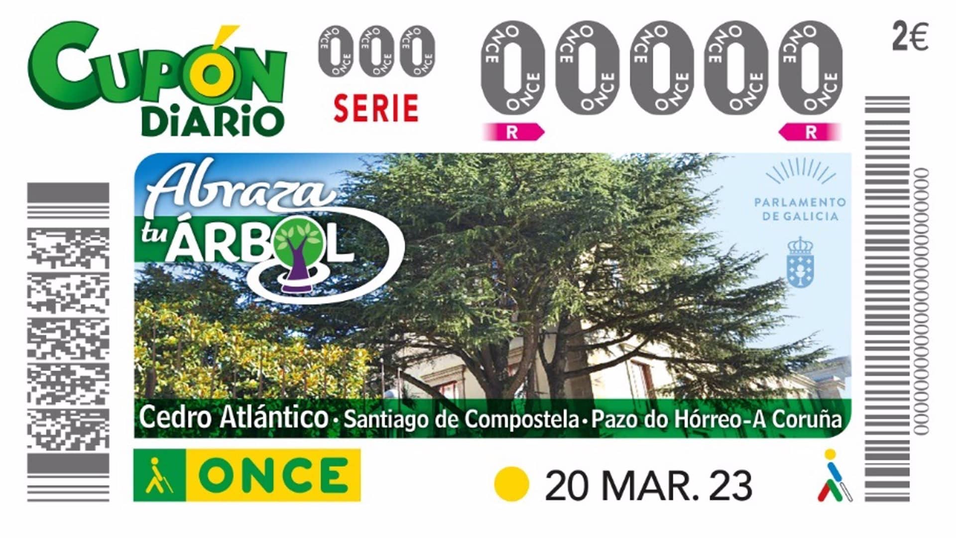 El cupón de la serie "Abraza tu árbol" con el cedro atlántico del Pazo do Hórreo | ONCE
