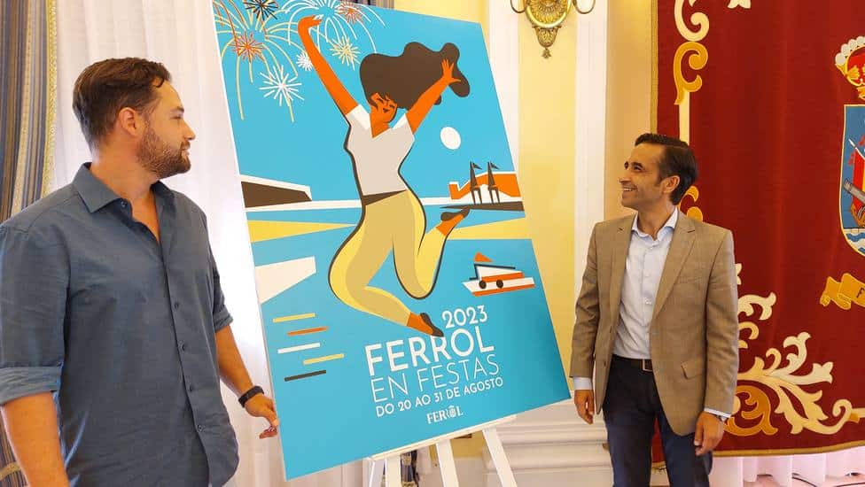 Archivo - Arán López y Rey Varela con el cartel de las fiestas de este año | CONCELLO DE FERROL