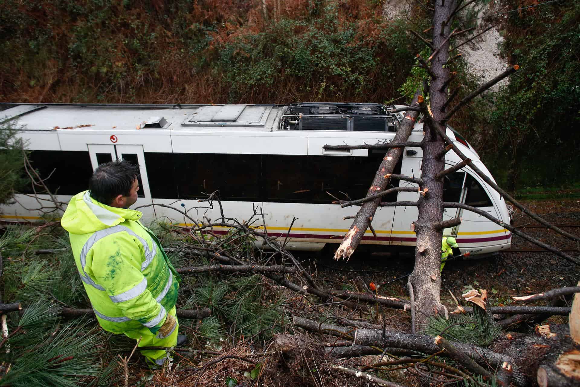 Varios bomberos trabajan para quitar el árbol caído y despejar la vía, a 2 de enero de 2024, en O Vicedo, Lugo, Galicia - Carlos Castro - Europa Press