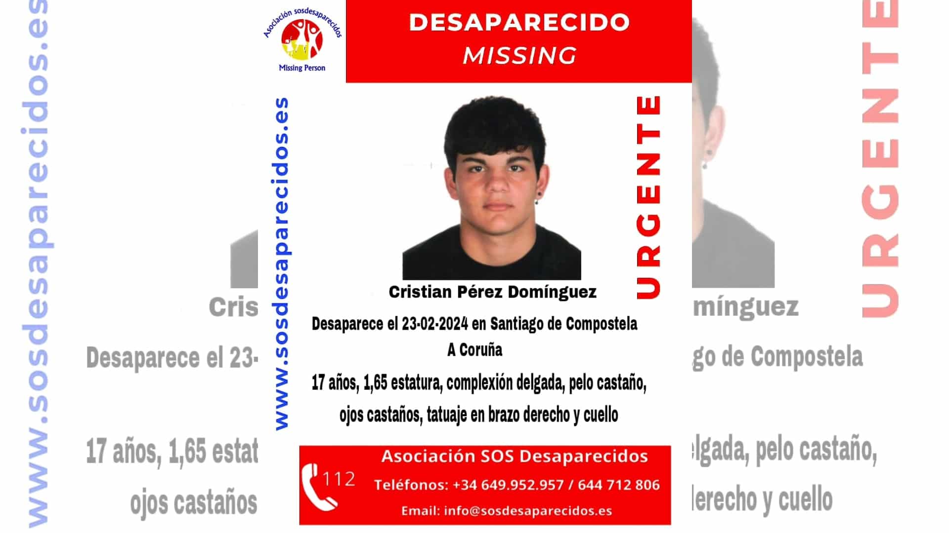 Cristian Pérez Domínguez, desaparecido desde el viernes 23 de febrero en Santiago | @SOSDESAPARECIDOS