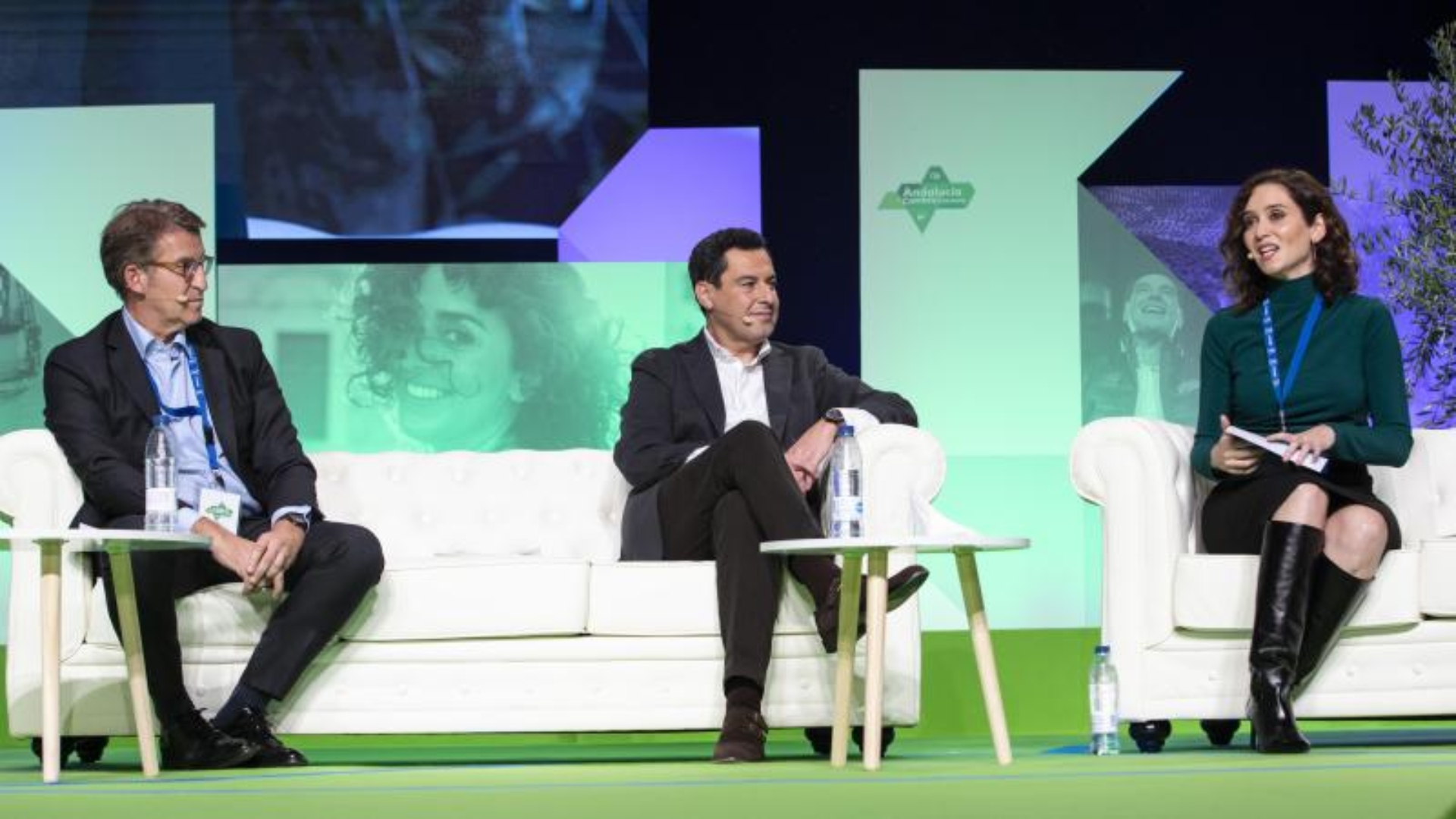 El líder del PP, Alberto Núñez Feijóo, el presidente de la Junta de Andalucía, Juanma Moreno Bonilla, y la presidenta de la Comunidad de Madrid, Isabel Díaz Ayuso | EP