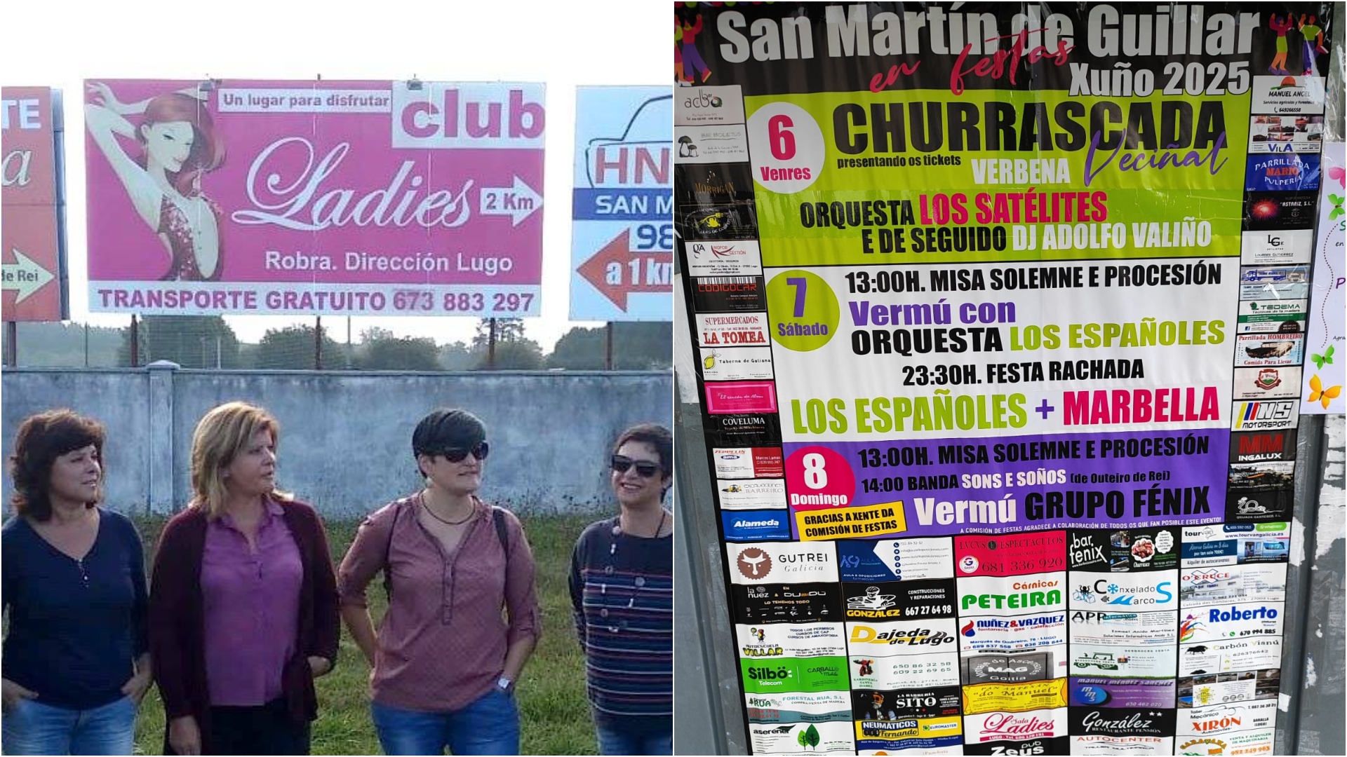 El cartel de las fiestas de San Martín de Guillar con publicidad del Club Ladies; junto a ella, una valla publicitaria en el campo de fútbol | BNG OUTEIRO DE REI