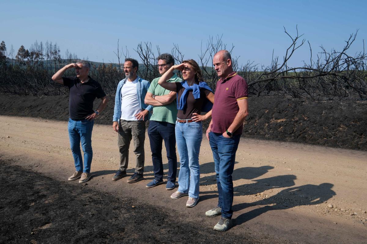 Ángeles Vázquez, conselleira de Medio Ambiente, en un monte calcinado de Dozón junto a representantes locales y técnicos, anunciando ayudas a los Tecores tras los incendios.