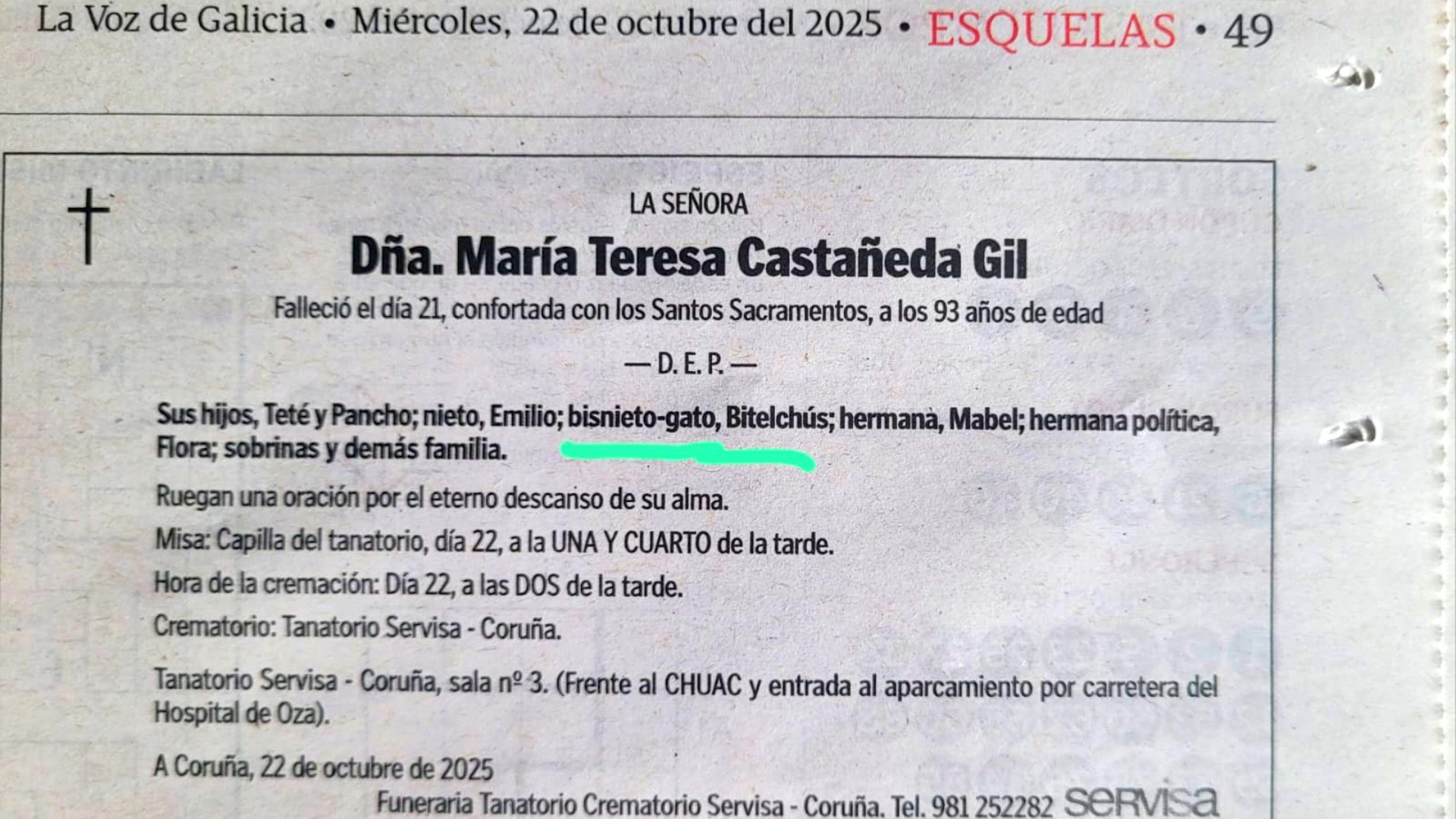 A esquela de María Teresa Castañeda Gil, onde figura o seu "bisnieto-gato Bitelchús" | @XOSECASTRO