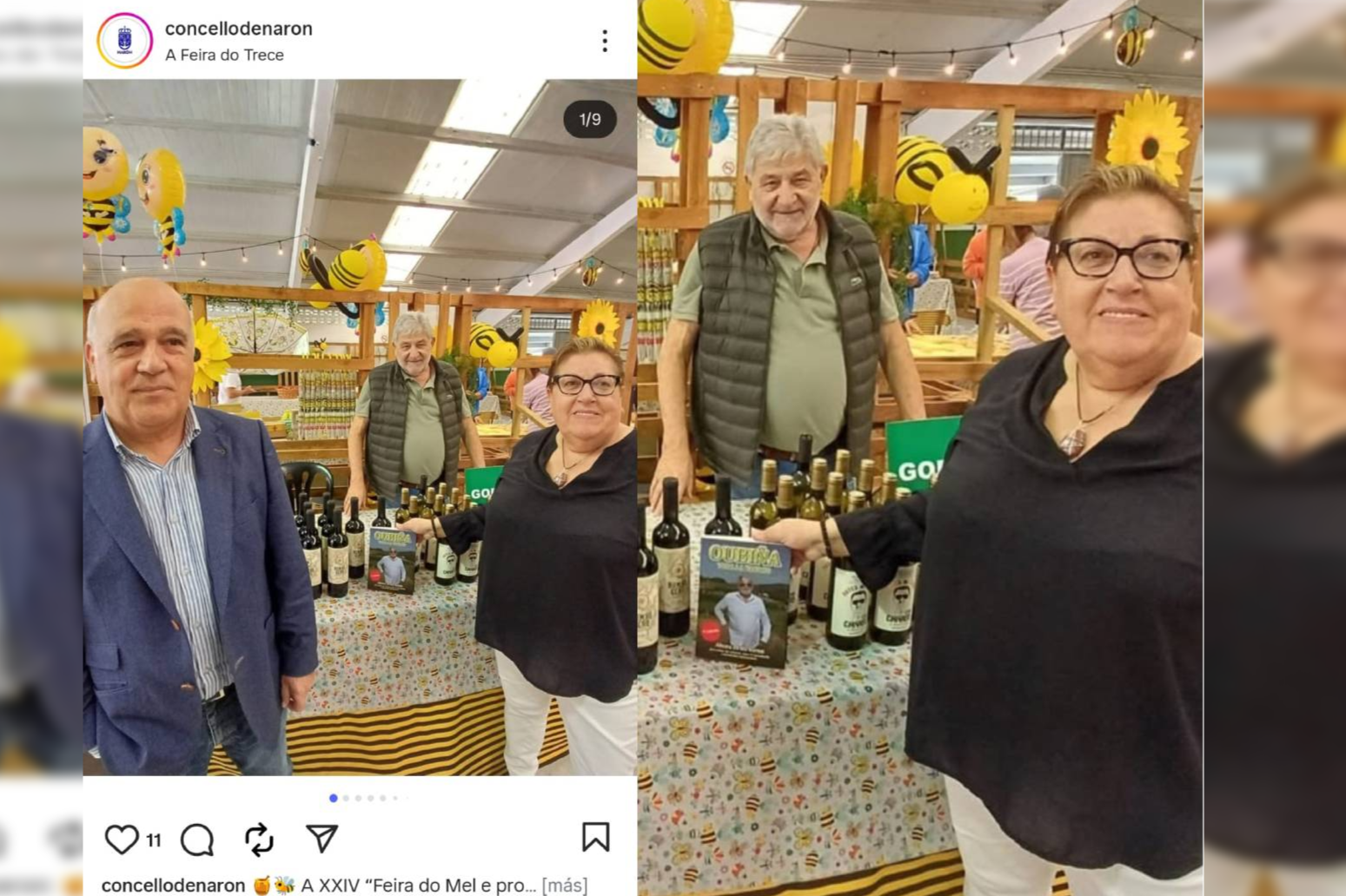 Los concejales de Terra Galega Manuel Ramos y Mar Gómez posan junto a Laureano Oubiña durante la Feria de la Miel celebrada en Sedes.