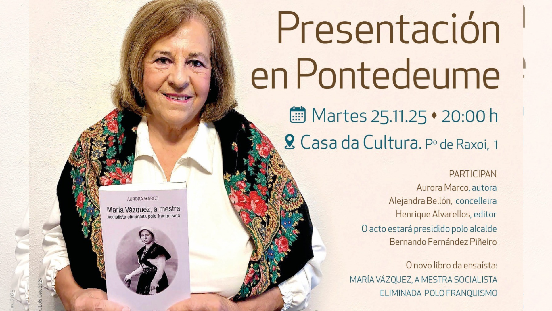 Aurora Marco presenta en Pontedeume o libro sobre María Vázquez, a mestra socialista fusilada polo franquismo