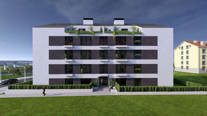 Render de la fachada del edificio Nova Brión, una promoción de 27 viviendas situada en el lugar de Pedrouzos, en Brión, con distintas tipologías que incluyen pisos en planta tipo, bajos con jardín y áticos con terraza.