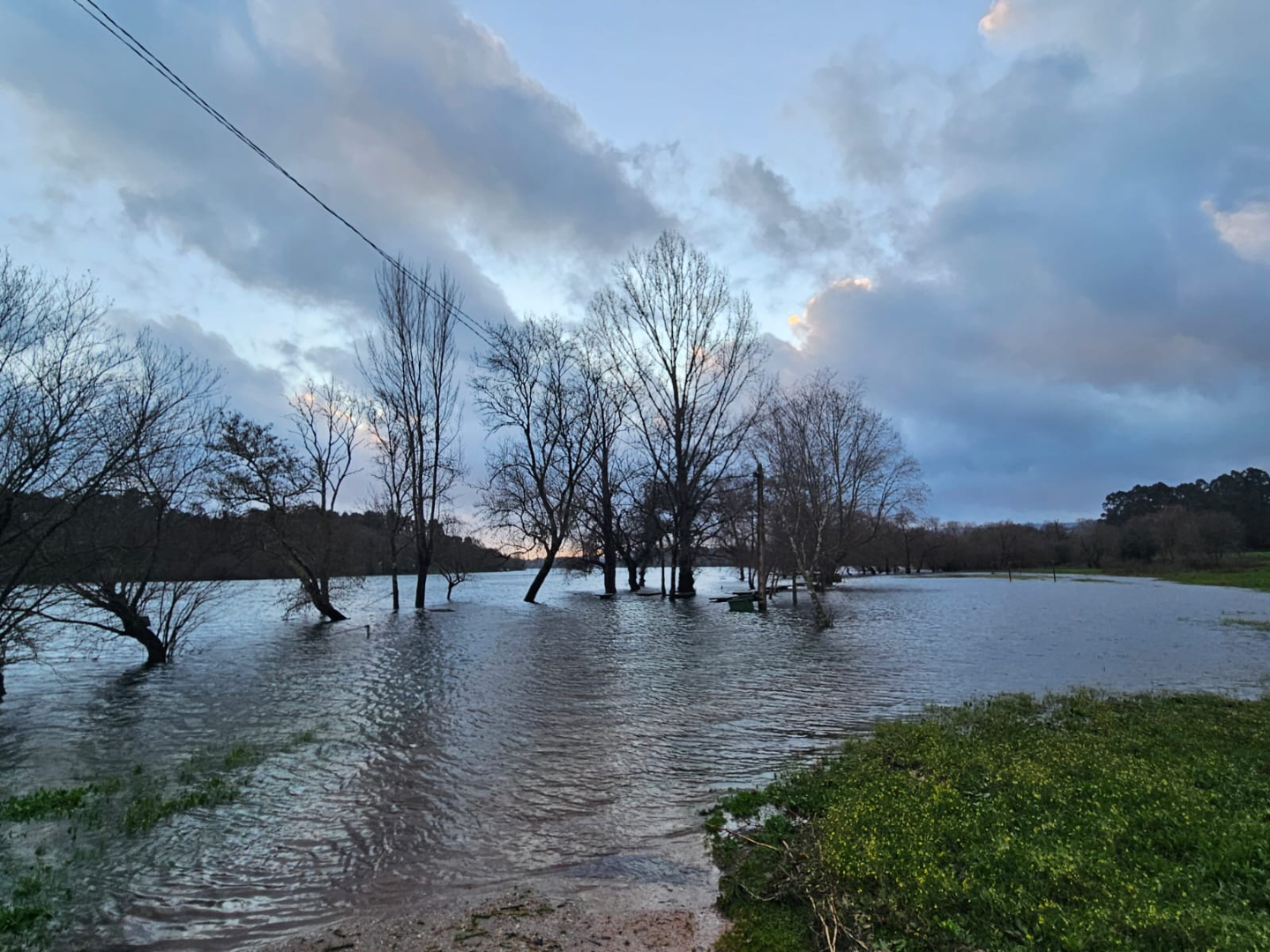 Anegaciones en zonas bajas de Tomiño por la subida del Miño, tras un episodio de lluvias continuadas que mantiene activados los avisos por inundaciones en el Baixo Miño.