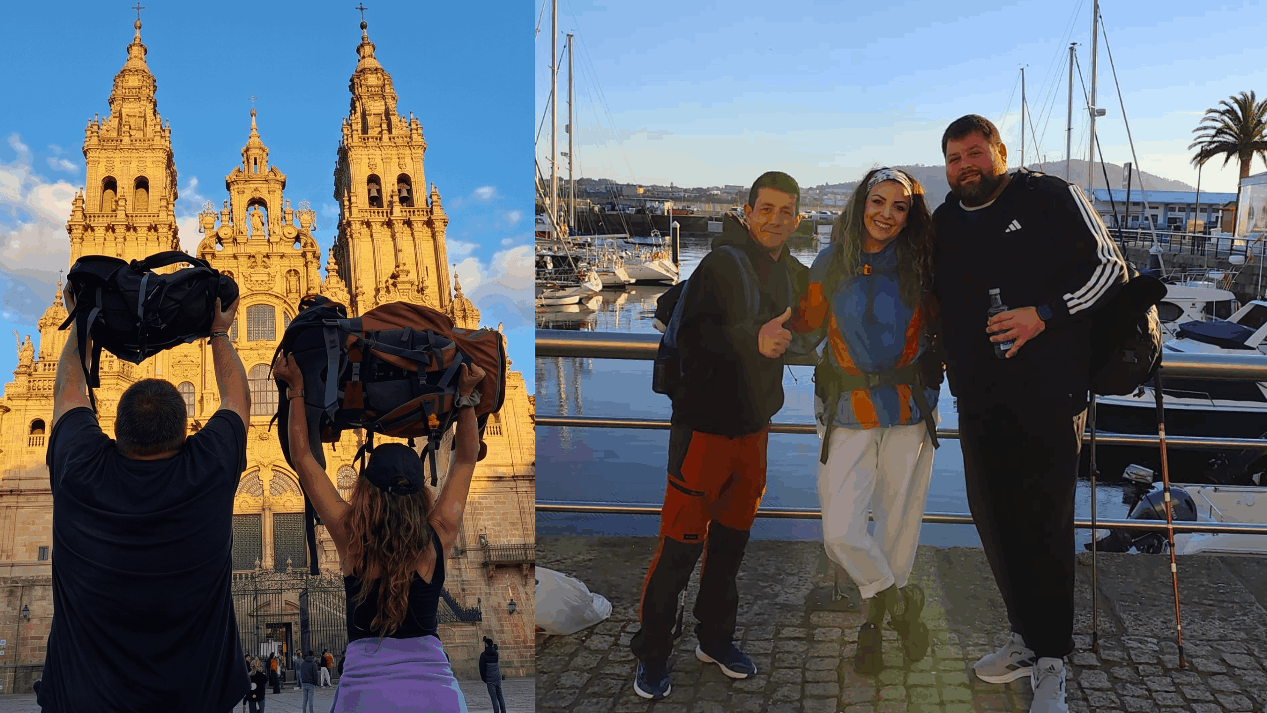 Alberto Baltar y Paula Criado posan en Santiago tras 41 horas de esfuerzo desde Ferrol.