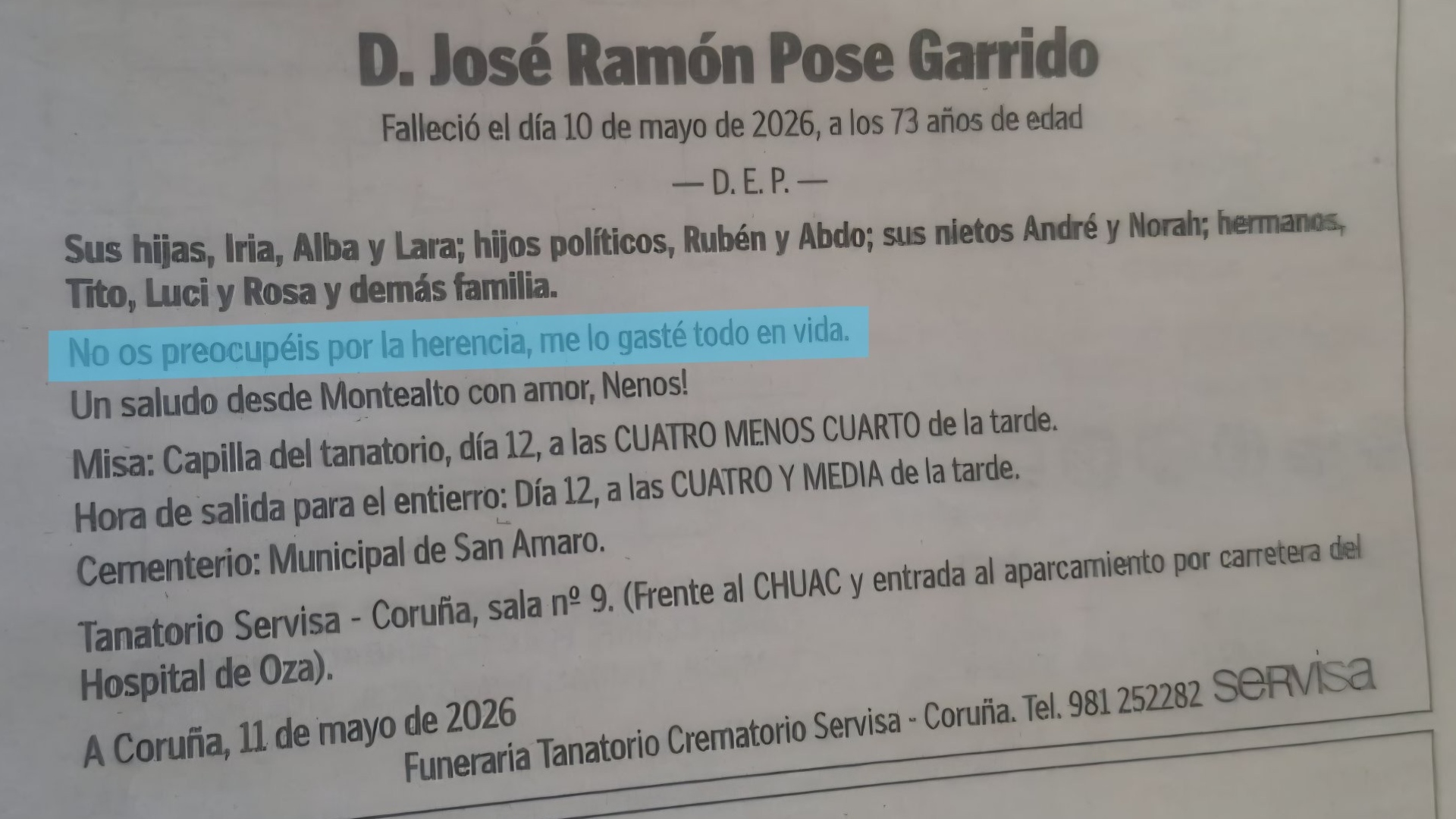 Esquela viral José Ramón Pose Garrido