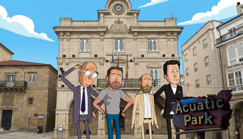 Algunos de los personajes de ‘Acuatic Park’, la serie animada que convierte a Jácome en el “Alcaide” y caricaturiza a concejales y figuras de la política ourensana con nombres apenas disimulados | FB ACUATIC PARK