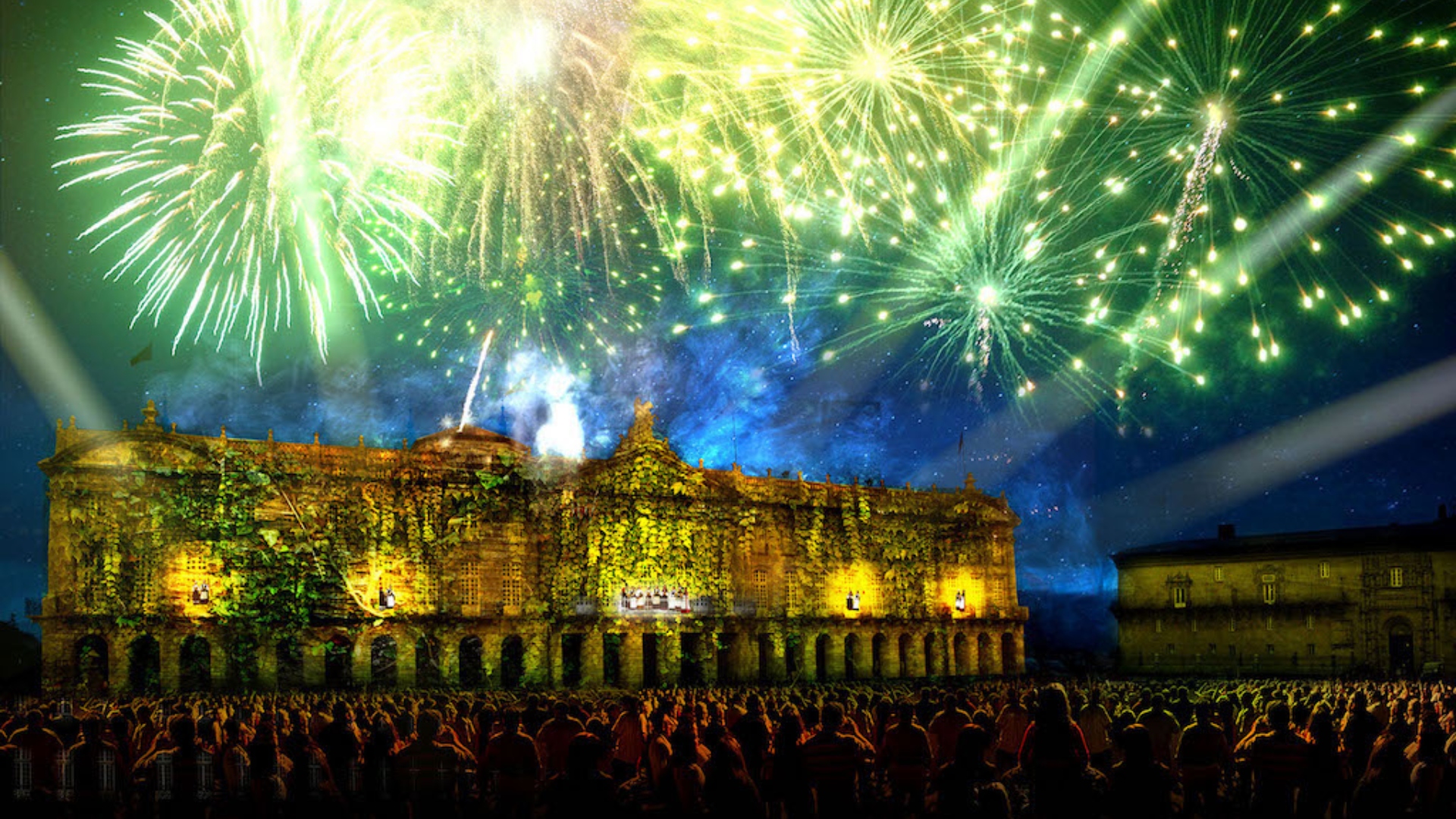Imaxe de arquivo dun espectáculo de videomapping sobre a fachada do Pazo de Raxoi durante as Festas do Apóstolo | ACCIONA