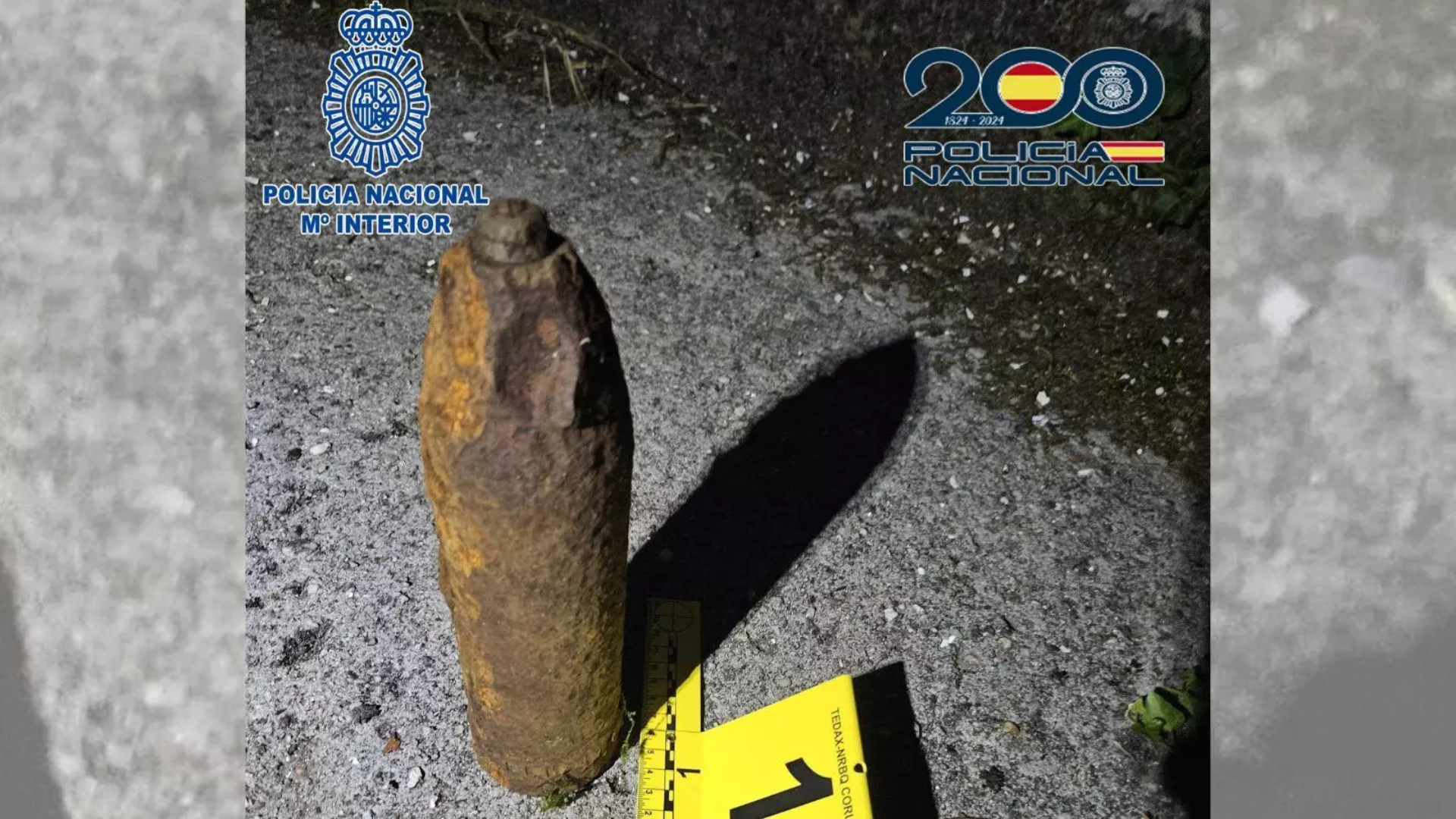 Imagen del proyectil Proyectil hallado en las inmediaciones de una vivienda deshabitada en San Xoán de Fecha, en Santiago de Compostela | Policía Nacional