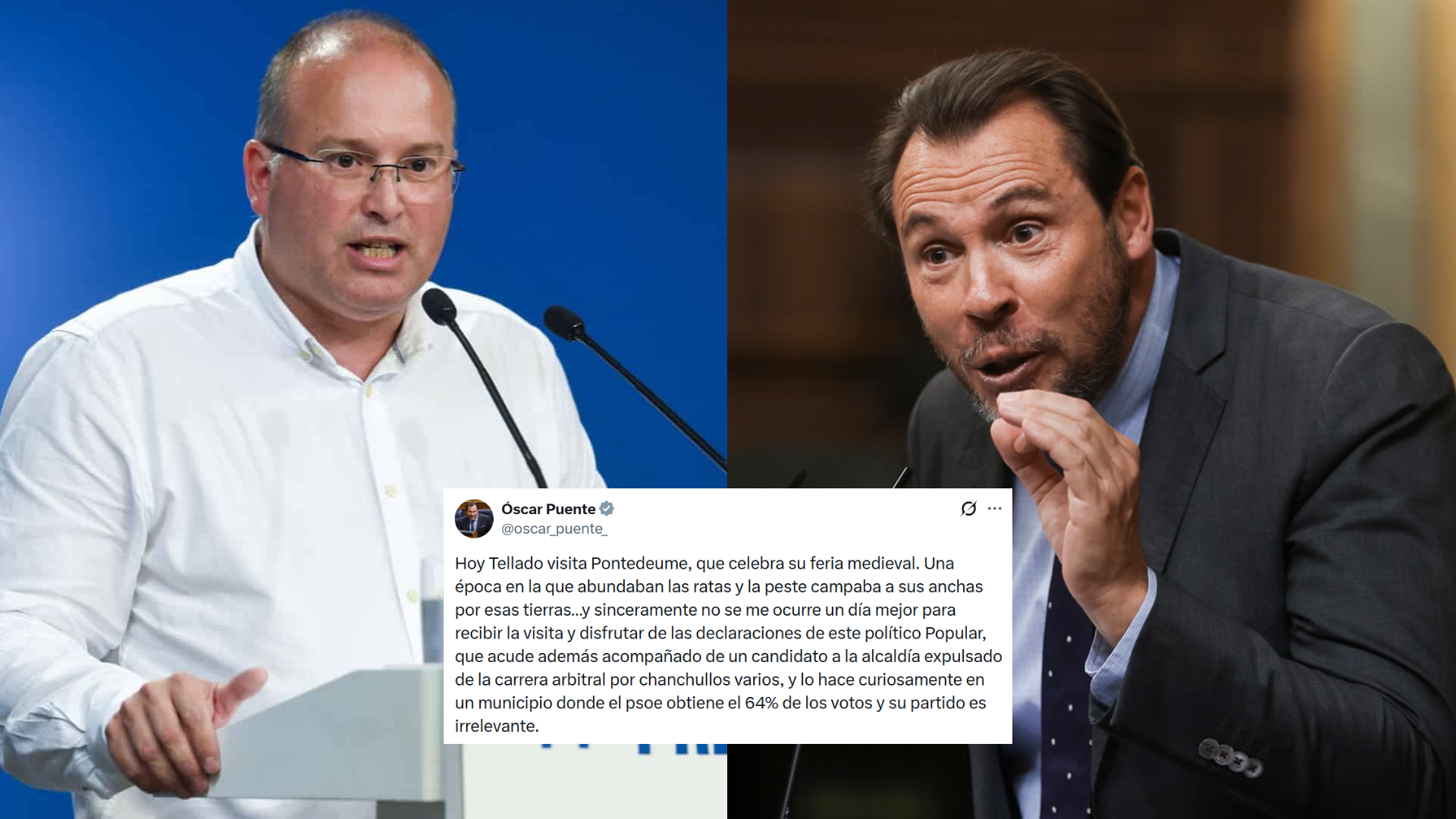 Imágenes de archivo de Miguel Tellado y Óscar Puente junto a la publicación de X de la polémica | Redes sociales