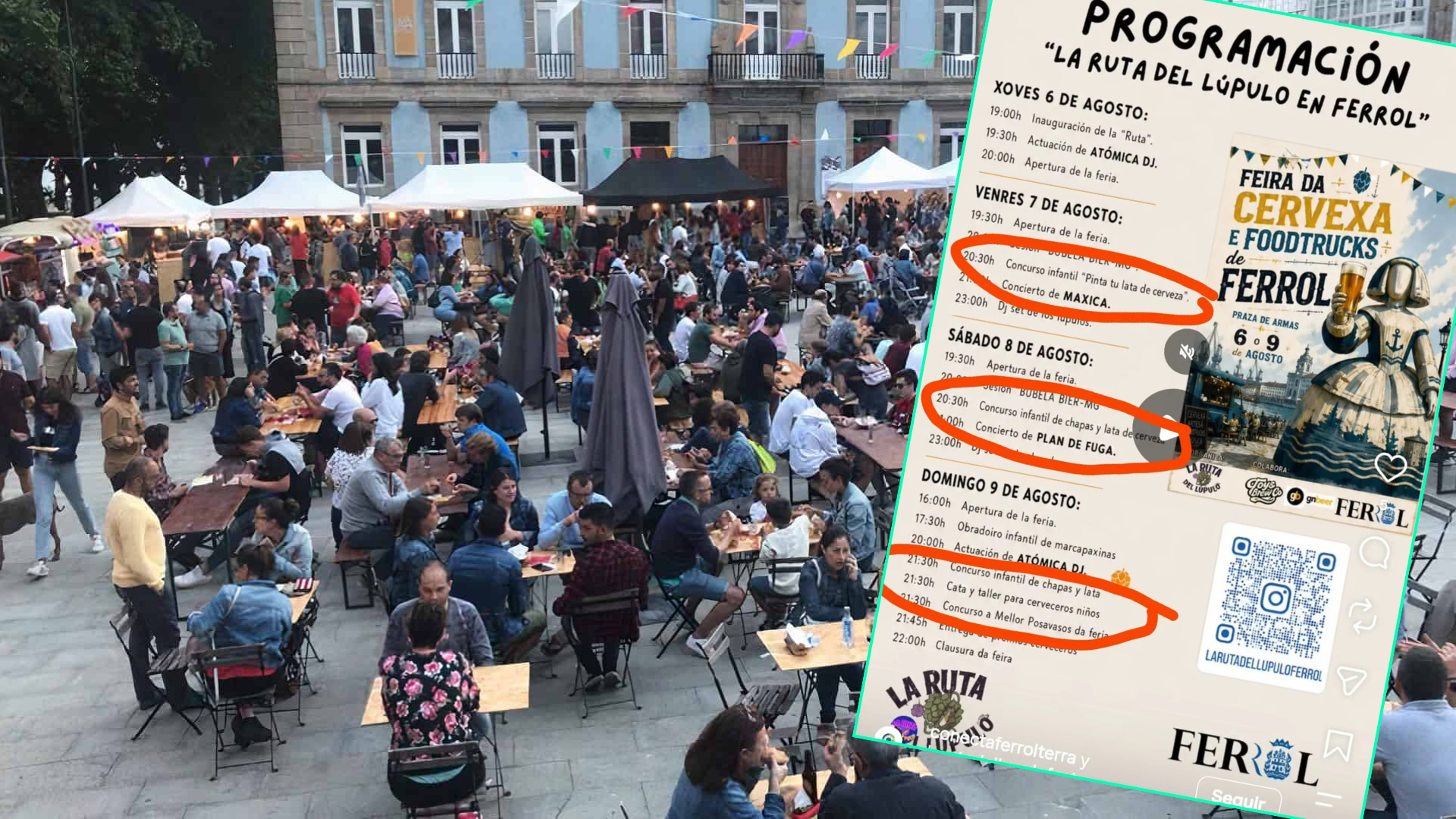 Imagen de archivo de la Feira da Cervexa de Ferrol junto al cartel que incluye actividades para niños.