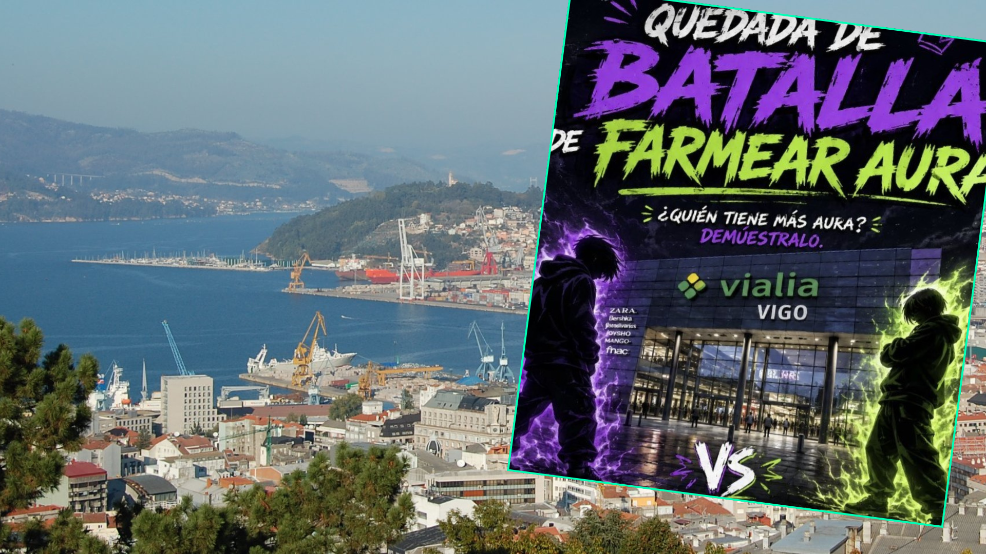 Imagen de archivo de una vista panorámica de Vigo y el cartel de la "batalla de farmear aura".