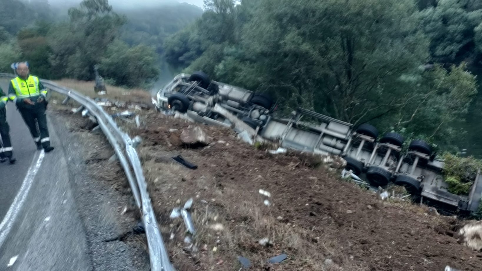 El camión de transporte de cerdos accidentado en la N-120 a su paso por Nogueira de Ramuín | GUARDIA CIVIL