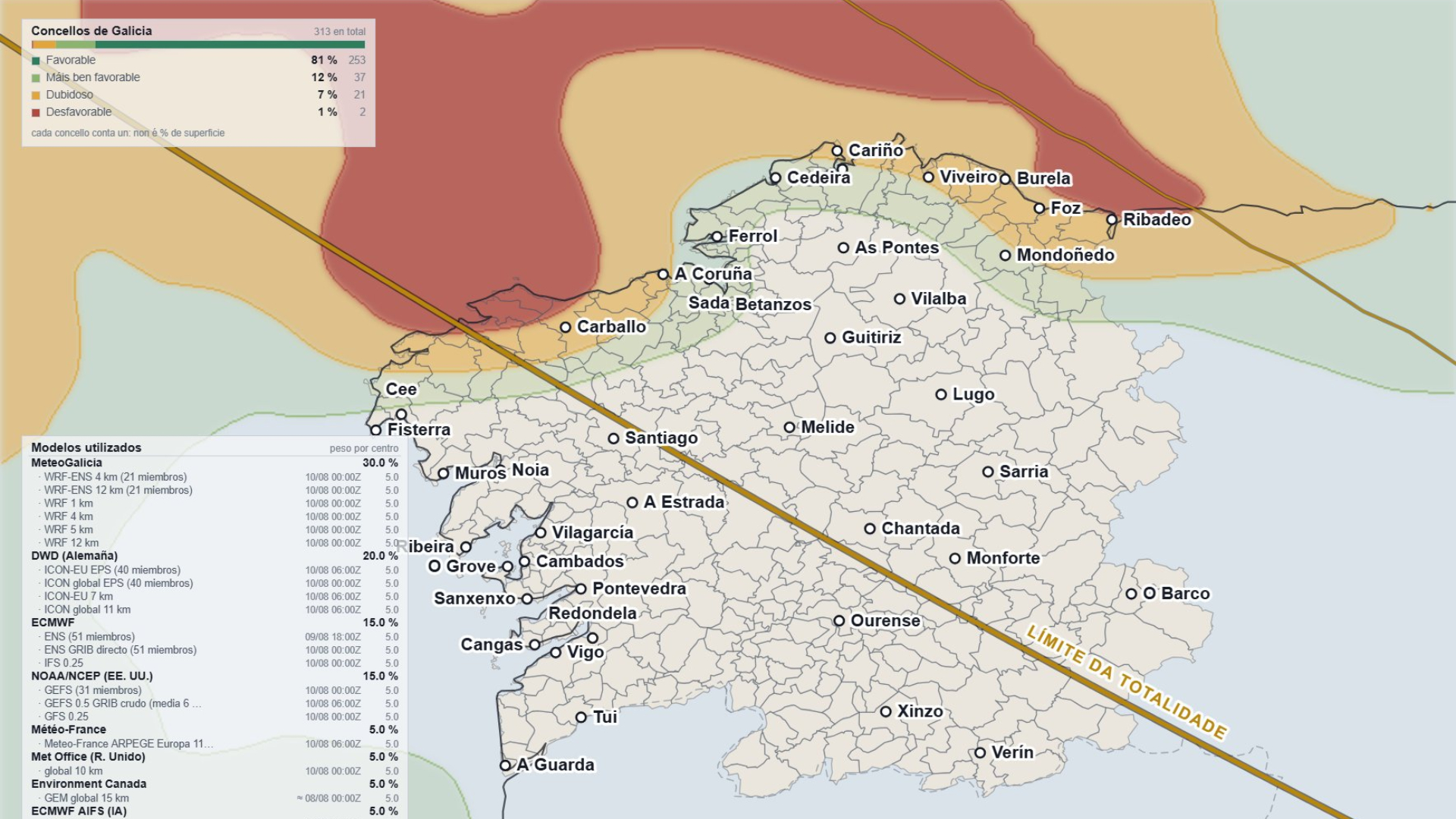 Más de una veintena de Concellos gallegos mantienen una previsión de visualización del eclipse  'dudosa' o 'desfavorable' | MeteoGalicia
