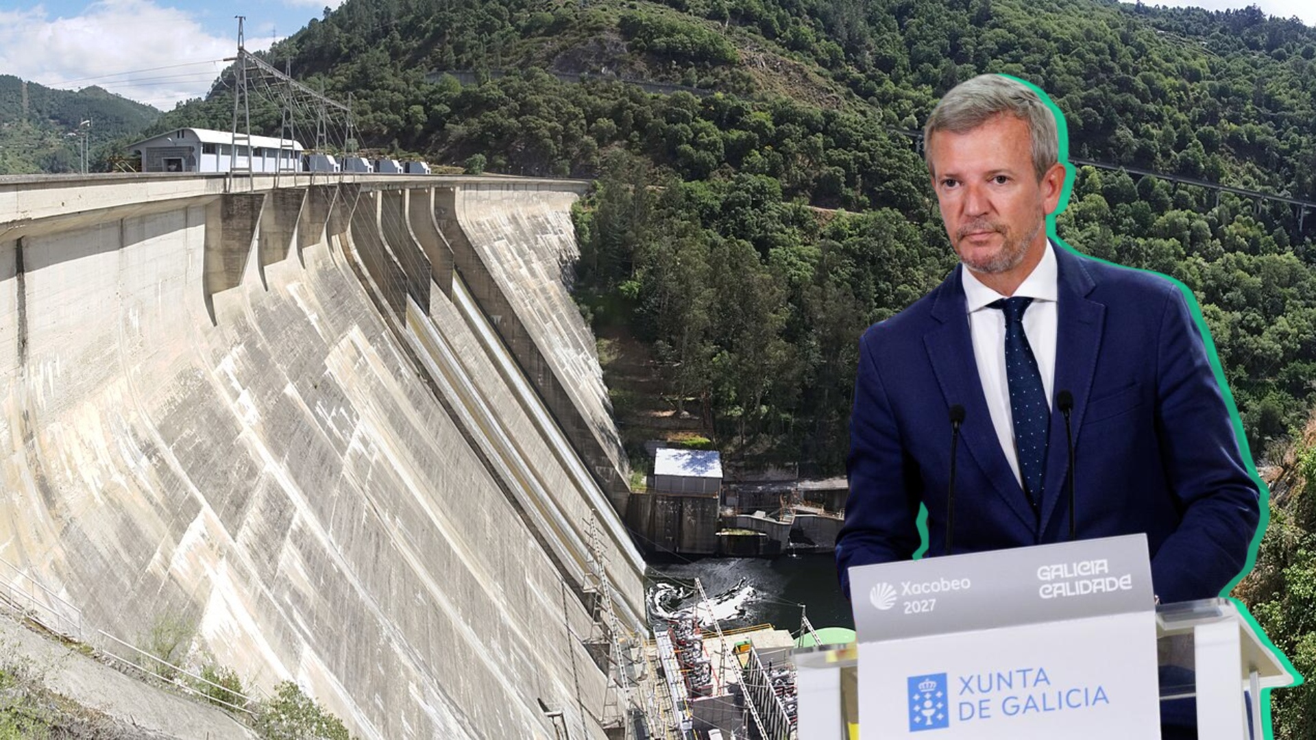 El embalse de Os Peares y el presidente de la Xunta de Galicia, Alfonso Rueda.